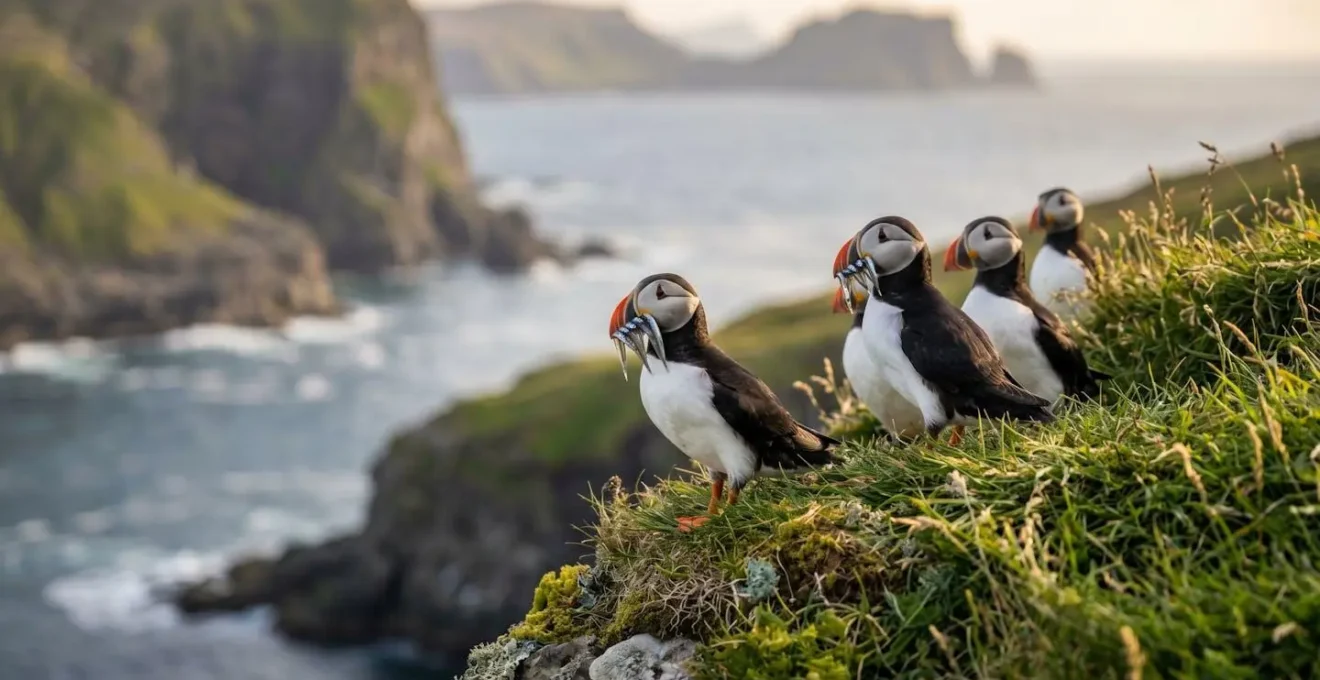 Macareux moines sur une falaise islandaise observés depuis un point de vue terrestre sécurisé