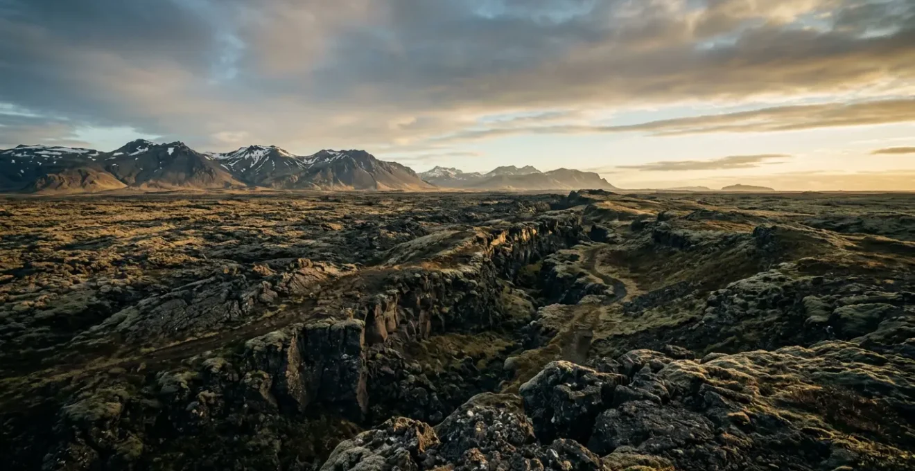 Paysage volcanique islandais montrant la faille tectonique et formations de lave basaltique