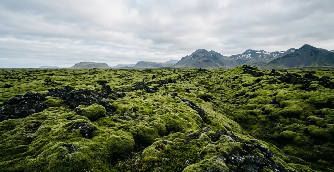 Tapis de mousse volcanique verte recouvrant un champ de lave noire en Islande