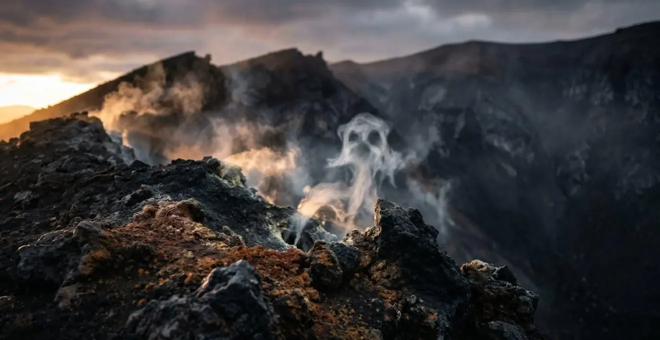 Cratère volcanique fumant avec projections de tephra évoquant l'imaginaire médiéval