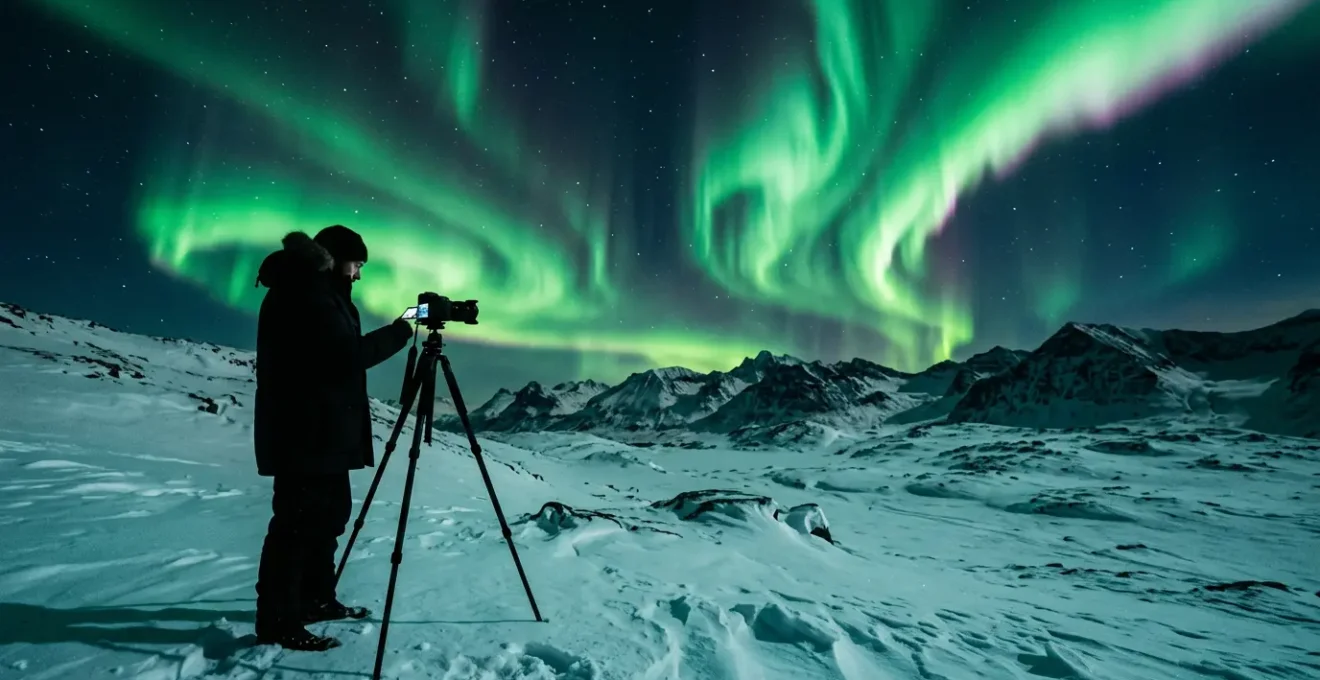 Photographe avec trépied capturant des aurores boréales vertes dansant au-dessus d'un paysage enneigé dans la nuit arctique