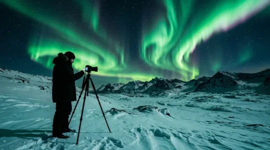Photographe avec trépied capturant des aurores boréales vertes dansant au-dessus d'un paysage enneigé dans la nuit arctique