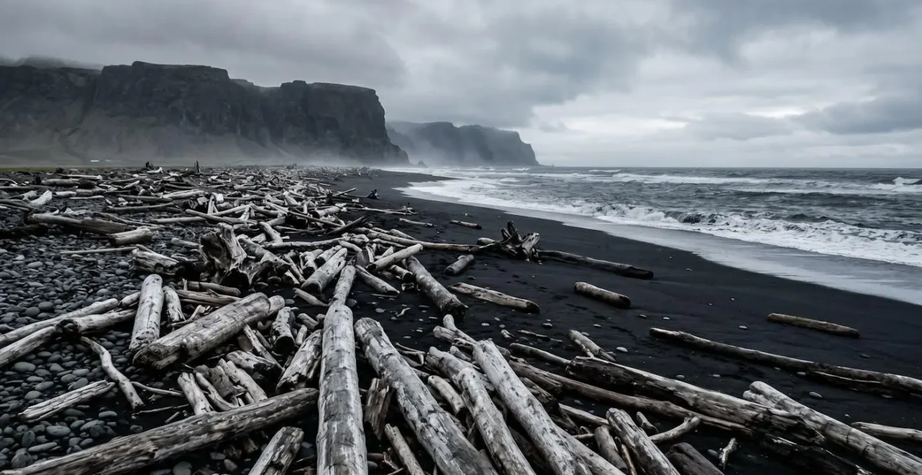 Vue grand angle d'une plage islandaise sauvage jonchée de troncs de bois flotté, évoquant la notion de territoire et de ressource précieuse