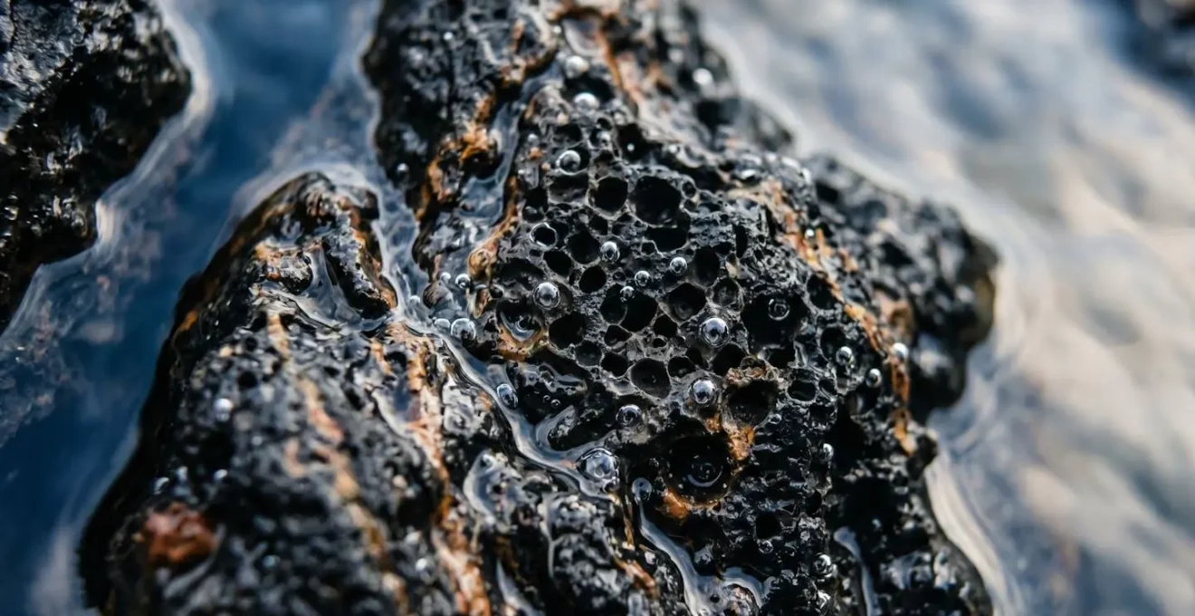 Vue sous-marine macro de la roche basaltique poreuse avec eau cristalline filtrant à travers les formations volcaniques de la faille de Silfra