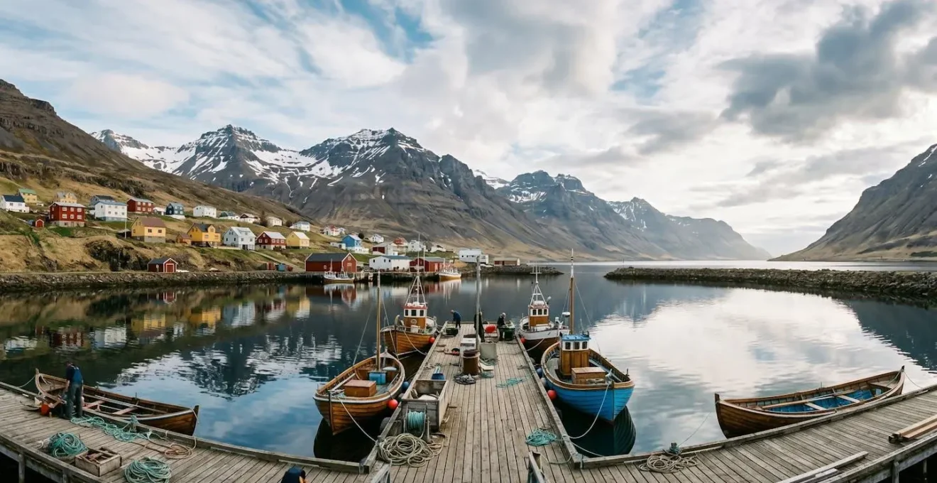 Vue panoramique du port de Húsavík avec bateaux traditionnels et fjord islandais en arrière-plan