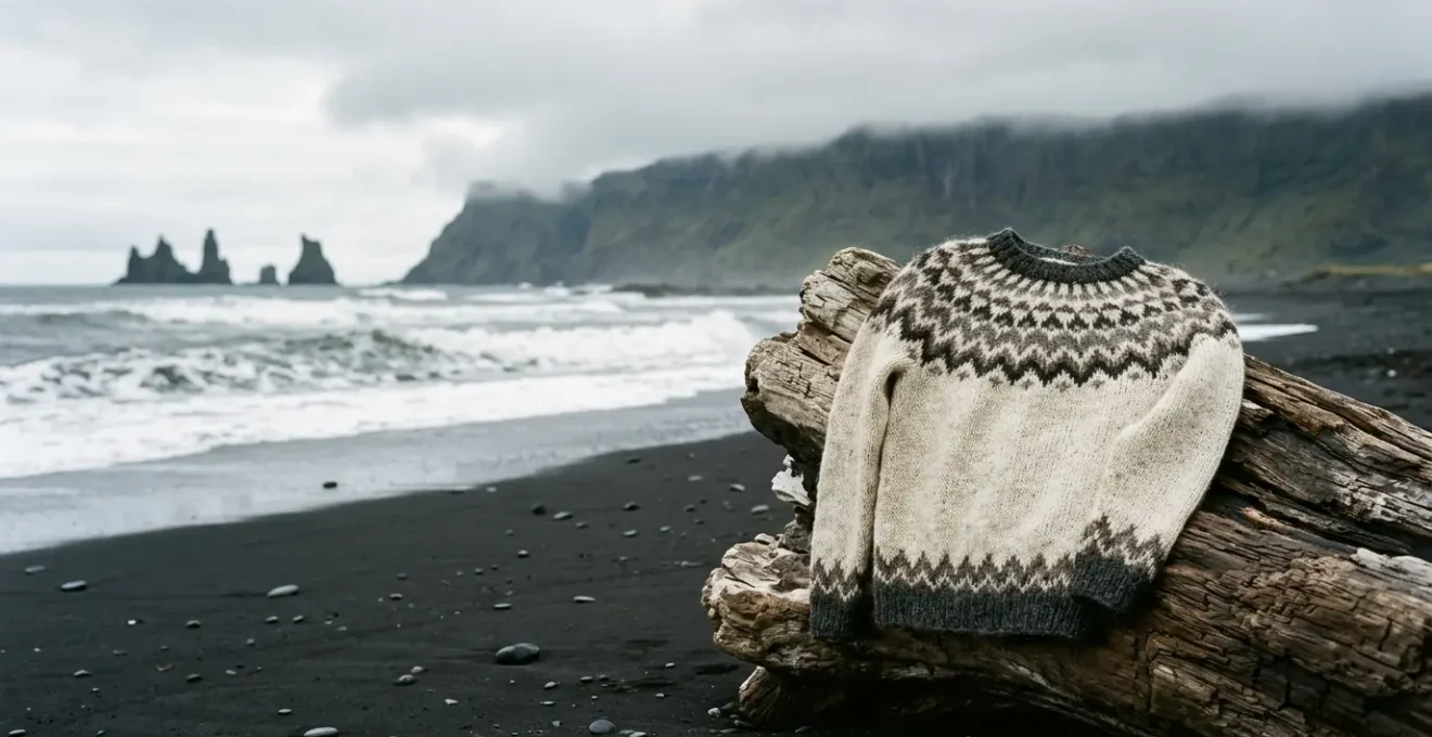Pull Lopapeysa islandais traditionnel en laine naturelle avec motif circulaire caractéristique sur les épaules