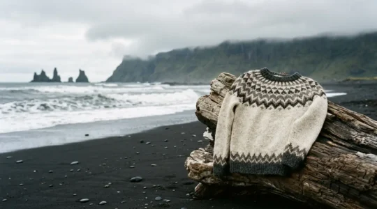 Pull Lopapeysa islandais traditionnel en laine naturelle avec motif circulaire caractéristique sur les épaules