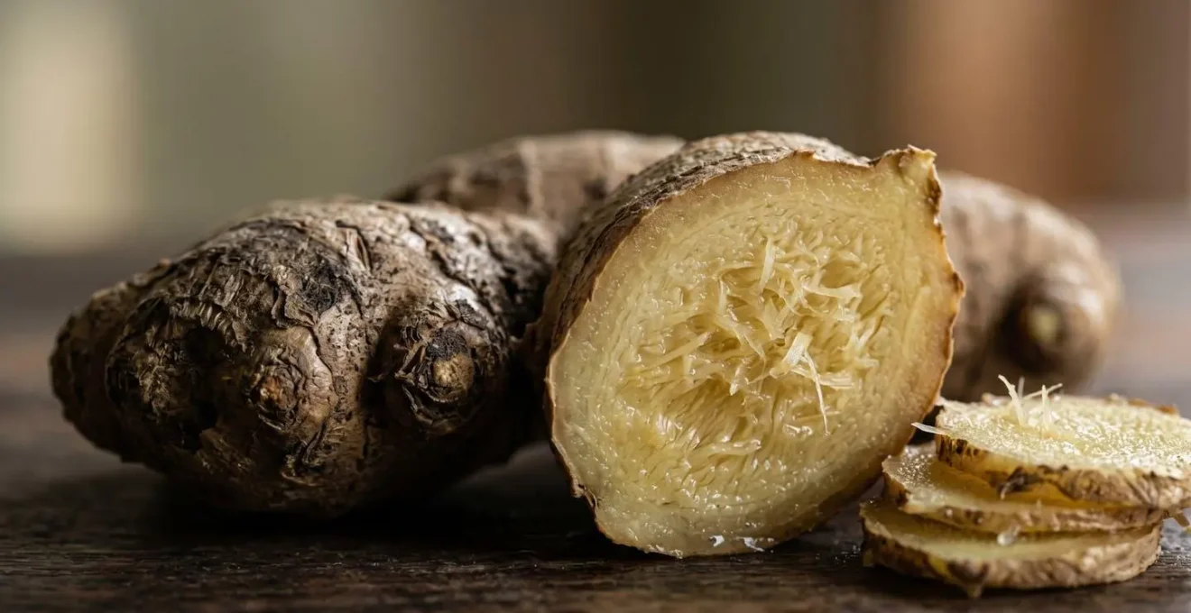 Gros plan macro sur une racine de gingembre frais montrant sa texture fibreuse naturelle