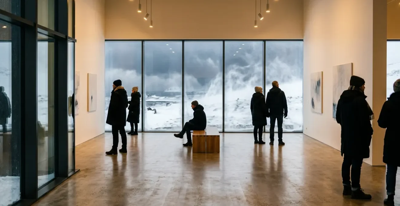 Intérieur chaleureux d'un musée de Reykjavik pendant une tempête hivernale