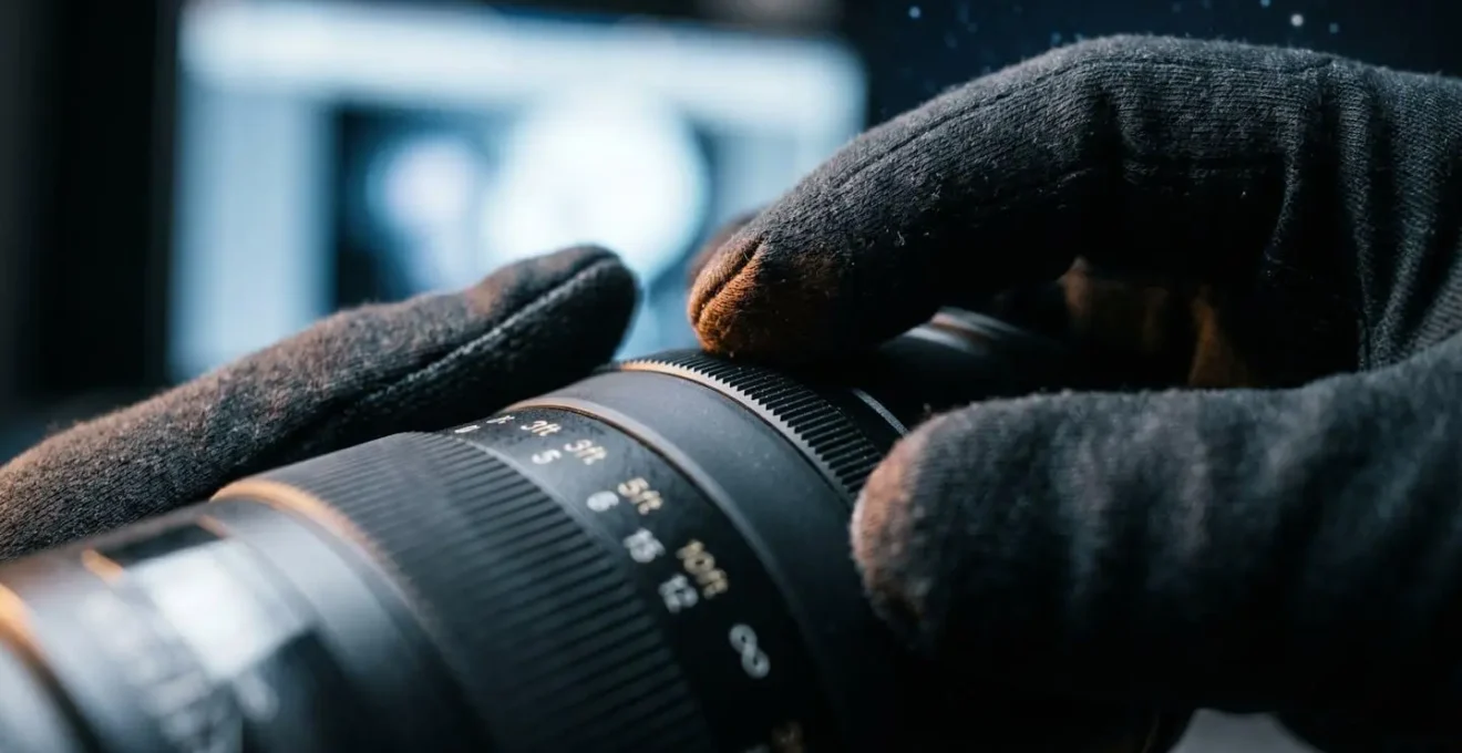 Gros plan sur les mains d'un photographe ajustant manuellement la bague de mise au point d'un objectif grand angle dans l'obscurité avec écran LCD illuminé