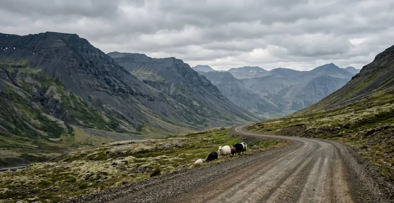 Route de gravier sinueuse dans les fjords islandais avec paysage montagneux dramatique et moutons au bord de la route