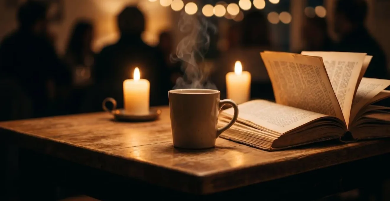 Atmosphère intimiste d'une soirée poésie dans un café littéraire de Reykjavik