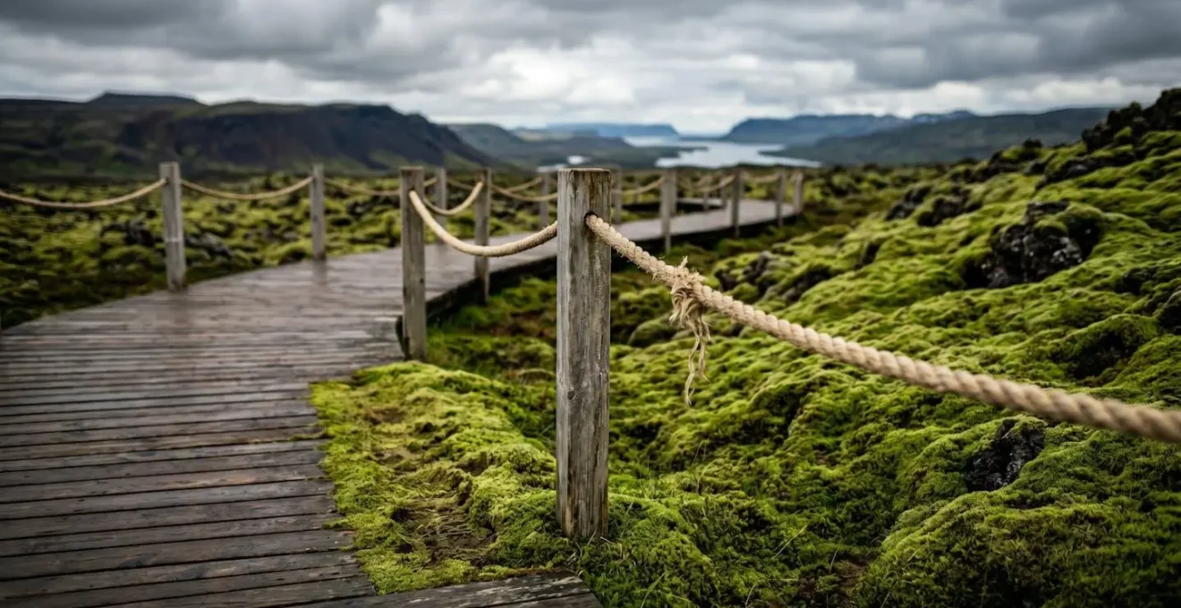 Sentier balisé avec cordes de protection dans un paysage volcanique islandais