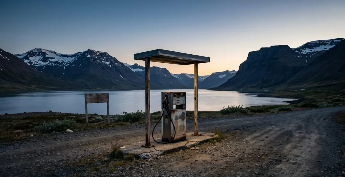 Station-service automatique isolée dans un paysage de fjords islandais au crépuscule