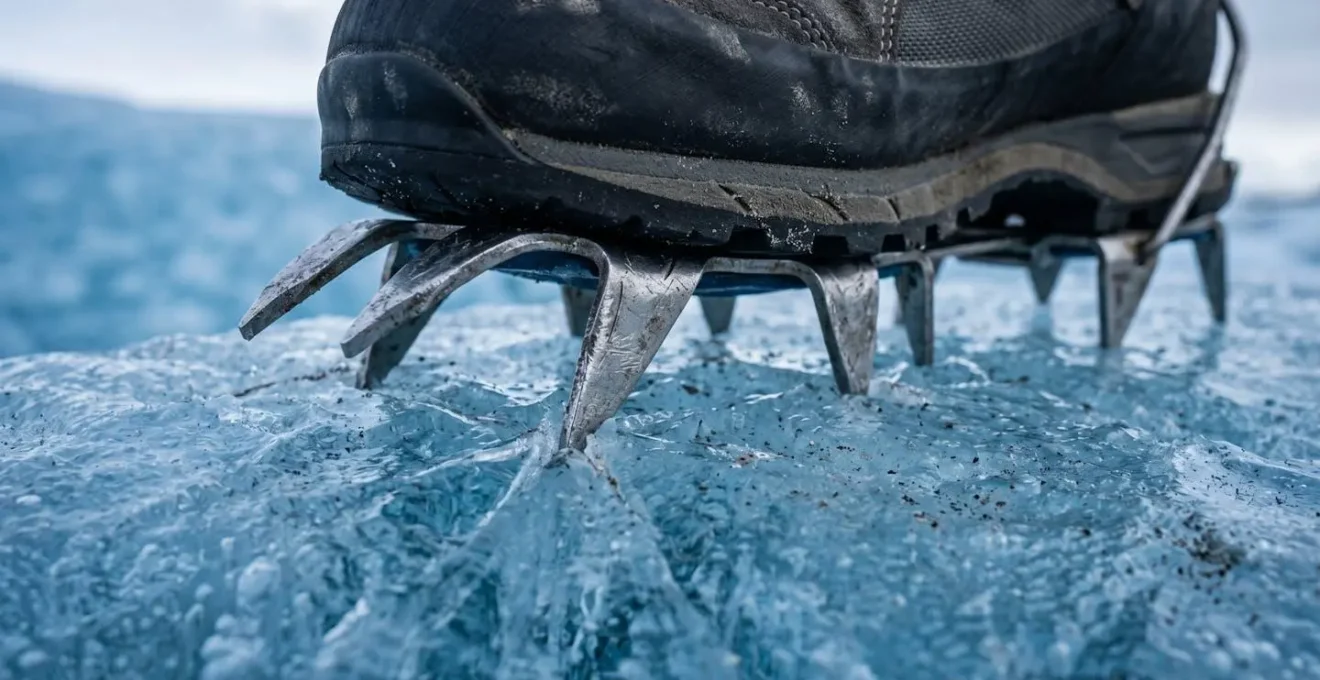Gros plan sur des crampons métalliques mordant dans la glace avec position correcte du pied à plat