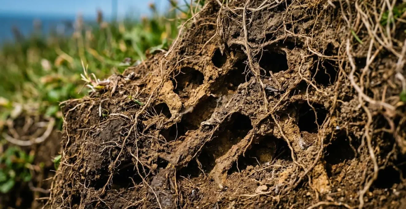 Gros plan textural de la terre friable d'une falaise avec terriers de macareux visibles en coupe