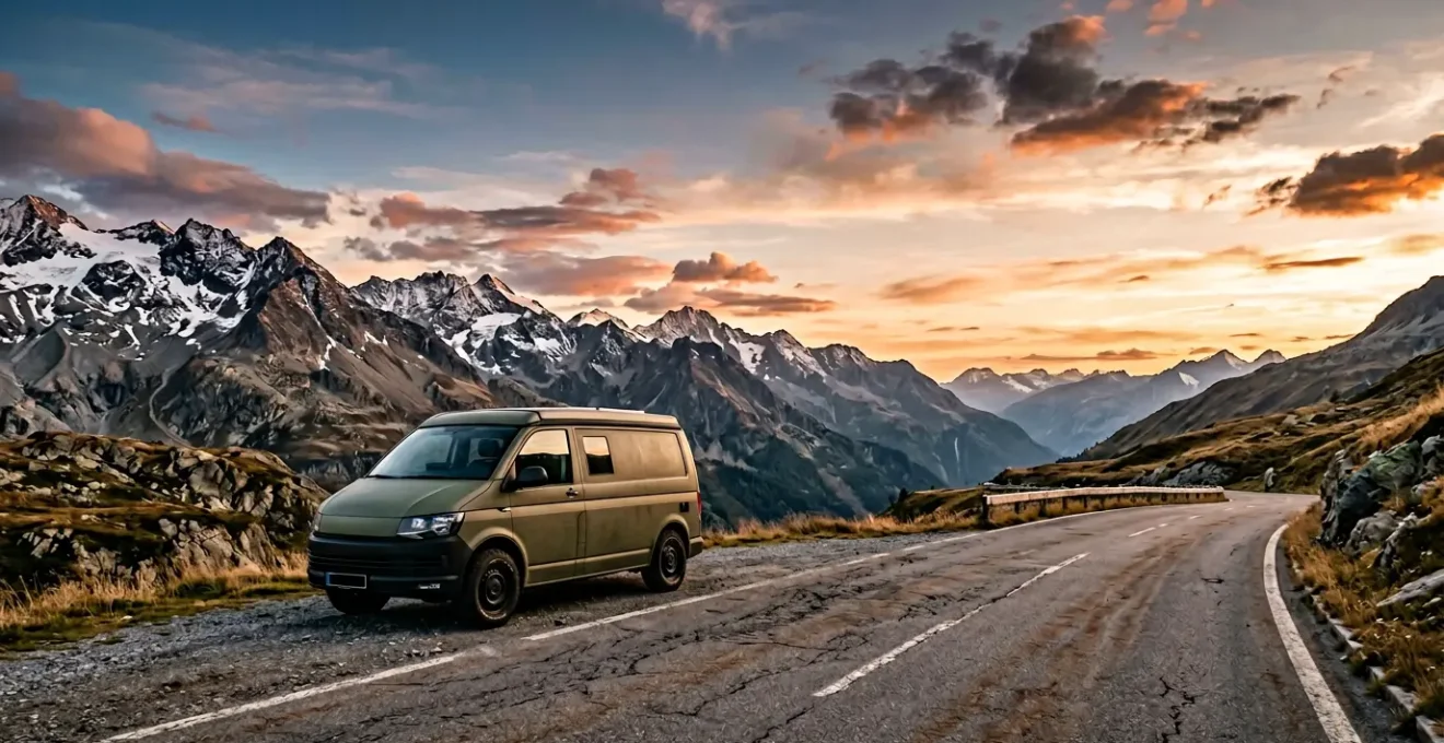 Van aménagé garé sur une route de montagne au coucher du soleil