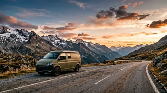 Van aménagé garé sur une route de montagne au coucher du soleil