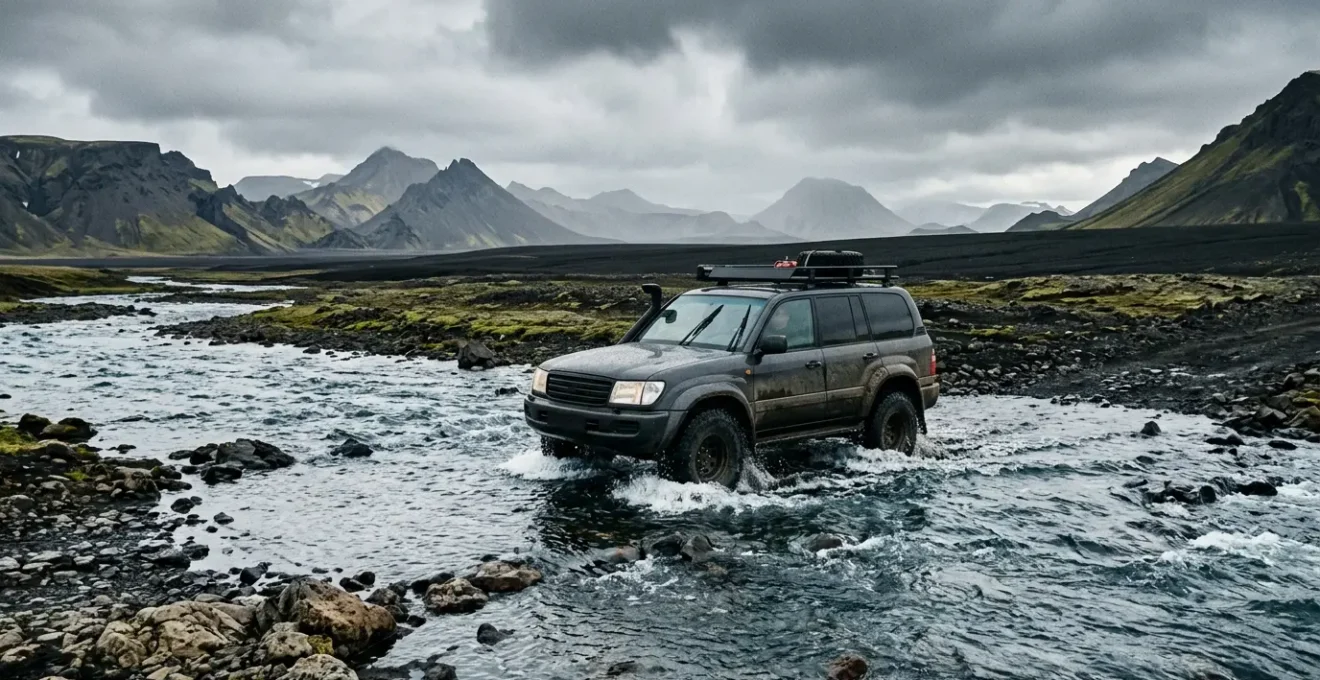 Véhicule 4x4 traversant un gué dans les hautes terres d'Islande avec paysage volcanique