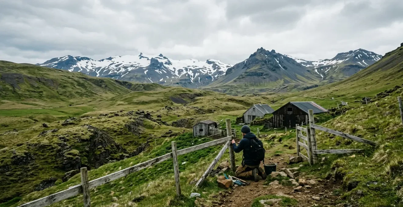 Volontaire travaillant dans une ferme islandaise avec vue sur les montagnes