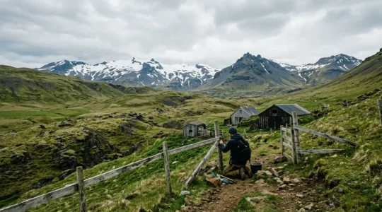 Volontaire travaillant dans une ferme islandaise avec vue sur les montagnes