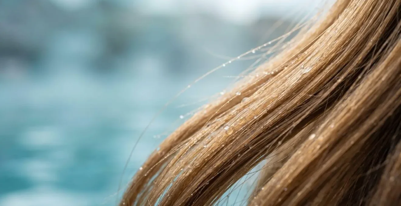 Gros plan sur cheveux protégés par après-shampoing avant bain thermal islandais