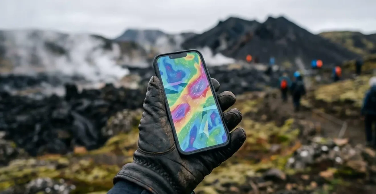 Main tenant un smartphone affichant des données météorologiques avec paysage volcanique en arrière-plan